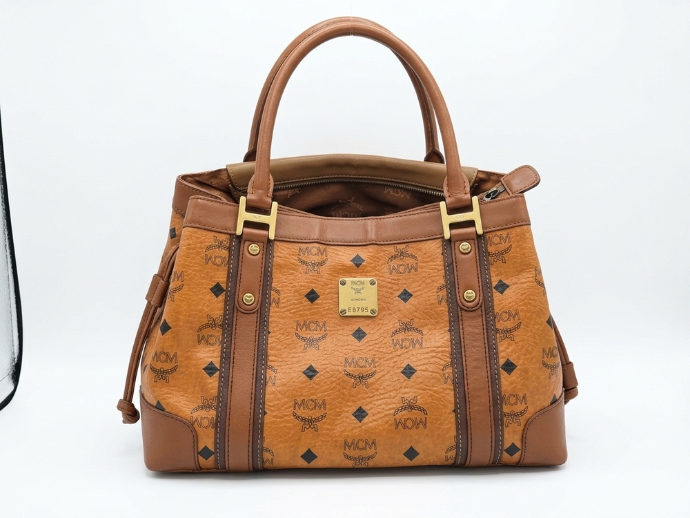 Vintage MCM Cognac Visetos Shopper Shoulder Tote Gold Hardware E8795